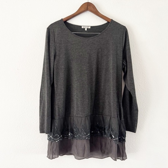 Gray Tunic Blouse Embellished Sequined Hem Sheer Top Boho Large Eclectic - Picture 1 of 12